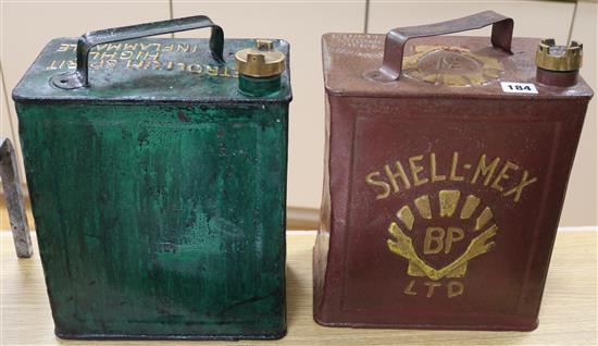 Two vintage petrol cans: Shell-Mex BP Ltd, and Petroleum Spirit-Highly Inflammable